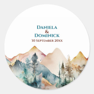Mountain Watercolor Wedding Classic Round Sticker