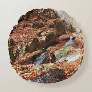 Mountain Waterfall - Wild Nature Romania Round Cushion