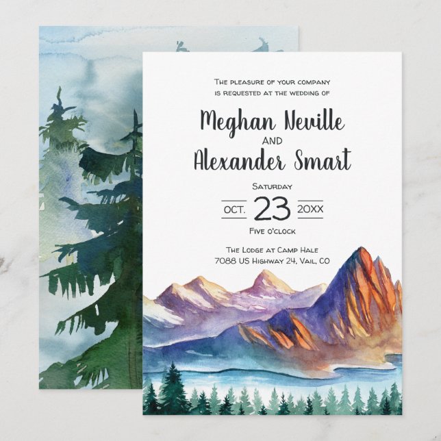 Mountain Wedding Invitation with water and pines (Front/Back)