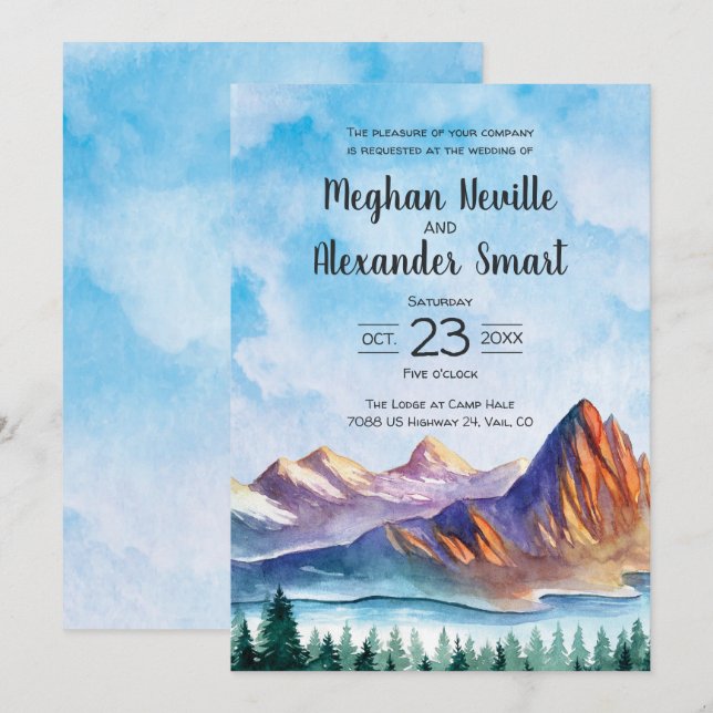 Mountain Wedding Invite with water, pines, big sky (Front/Back)