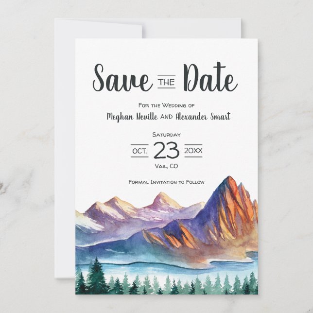 Mountain Wedding Save the Date with lake & forest (Front)