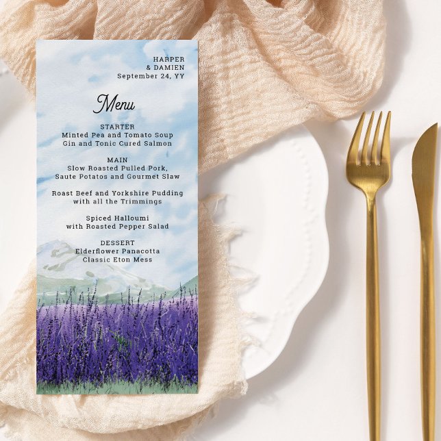 Mountain Wedding Watercolor Lavender Landscape Menu (Menu from my Mountain Lavender Wedding Collection)