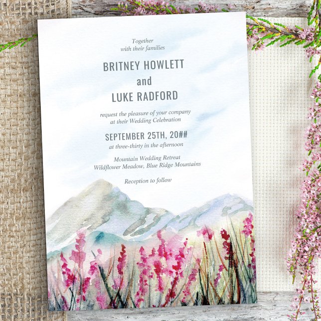 Mountain Wedding Watercolor Pink Wildflower Meadow Invitation (Creator Uploaded)