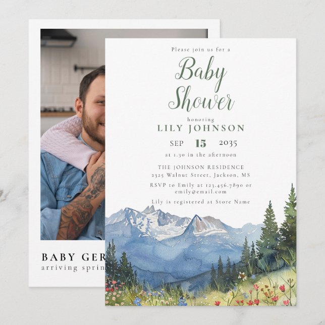 Mountain Wildflower Baby Shower Photo QR Code Invitation (Front/Back)