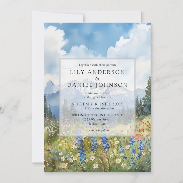 Mountain Wildflower Floral All In One Wedding Invitation (Front)