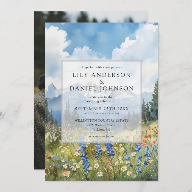 Mountain Wildflower Floral Meadow Wedding Photo Invitation (Front/Back)