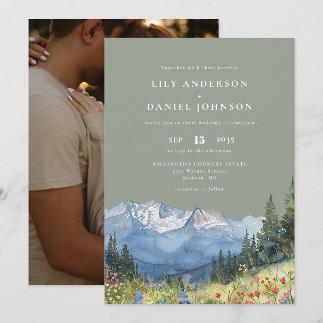 Mountain Wildflower Photo Sage Green Wedding Invitation (Front/Back)