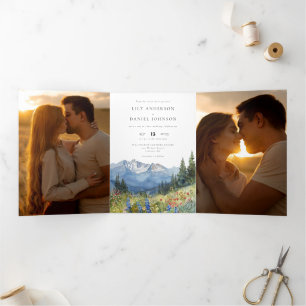 Mountain Wildflower QR Code 3 Photo Wedding Tri-Fold Invitation