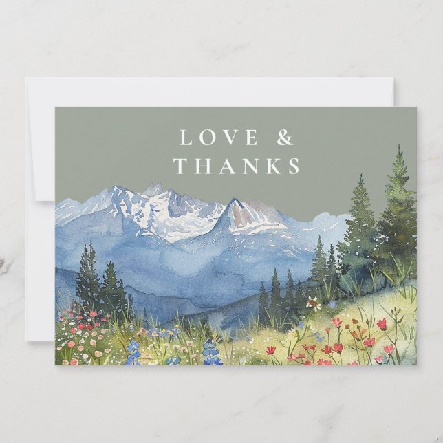 Mountain Wildflower Sage Green Wedding Photo Thank You Card (Front)