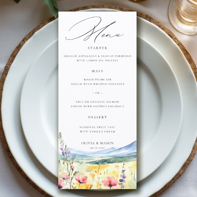 Mountain Wildflowers Meadow Modern Floral Wedding Menu (mountain wedding menu wildflowers meadow floral watercolor modern calligraphy garden nature forest)