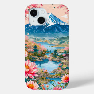 Mountain with a lake and flowers iPhone 15 case