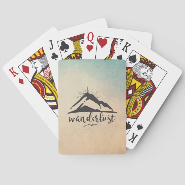 Mountain with Sunrays and Wanderlust Typography Playing Cards (Back)