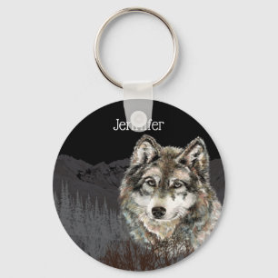 Mountain with Watercolor Wolf Animal Custom Name Key Ring