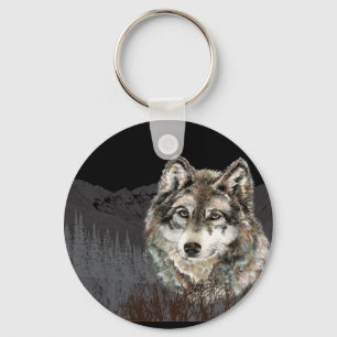 Mountain with Watercolor Wolf Animal wilderness Key Ring