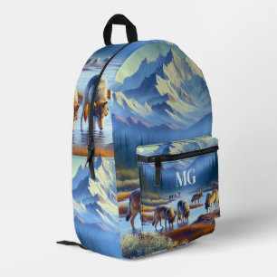 Mountain with Wolves AI Blue Printed Backpack