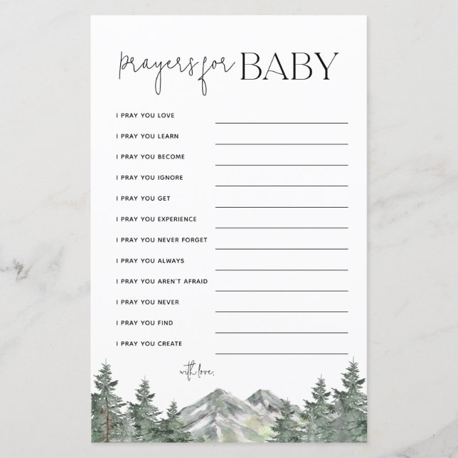 Mountain Woodland Baby Shower Prayer Cards (Front)