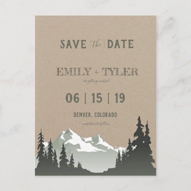 Mountain Woodland Forest Trees Photo Save The Date Announcement Postcard (Front)