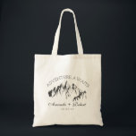 Mountain Woodland Forest Wedding Favour Gift Tote Bag<br><div class="desc">Beautiful simple artsy ADVENTURE AWAITS MOUNTAIN WEDDING bride's gift/wedding favours gift design with name and date/place of your choosing. Personalise it with couple's names or bridesmaid, maid-of-honour... ... or customise it further if you like to change the font, size & colour of the text, text placement. Say Thank You to...</div>