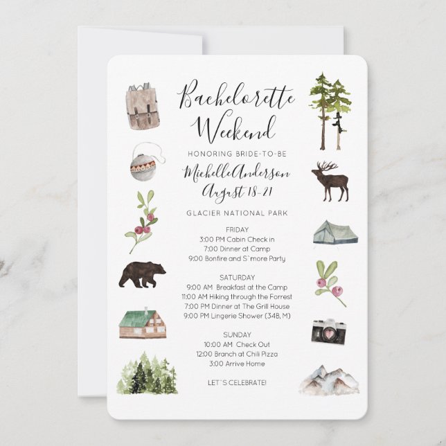 Mountain Woods Bachelorette Weekend Itinerary  Invitation (Front)