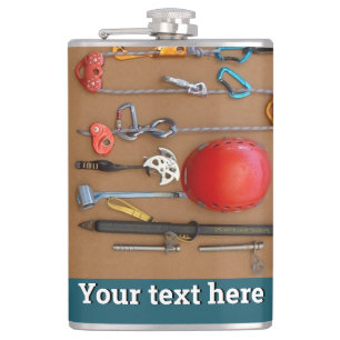 Mountaineering kit, helmet, ropes, carabiners hip flask