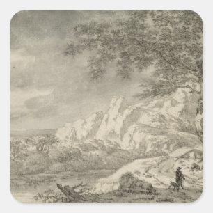 Mountainous Landscape with a Hiker Square Sticker