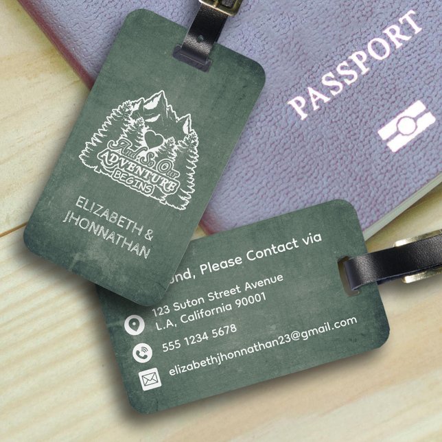 Mountains Adventure Begins Green Chalkboard Travel Luggage Tag (Creator Uploaded)