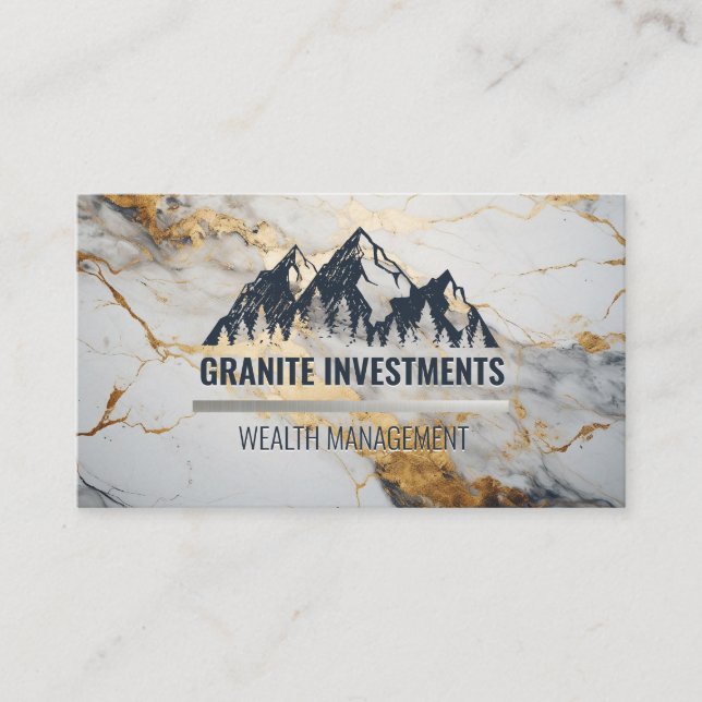 Mountains and Forrest Logo | Gold White Marble Business Card (Front)