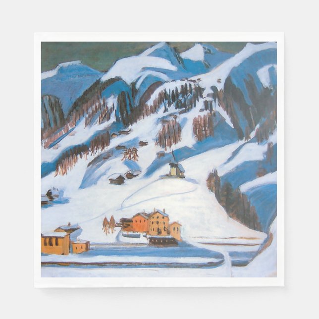 Mountains and Houses in the Snow, Winter Landscape Napkin (Front)