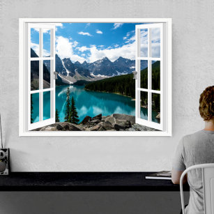 Mountains and Lake Landscape Fake Window View Poster