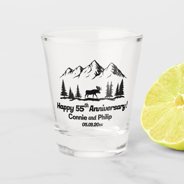 Mountains and Moose 55th Wedding Anniversary Shot Glass (Front)