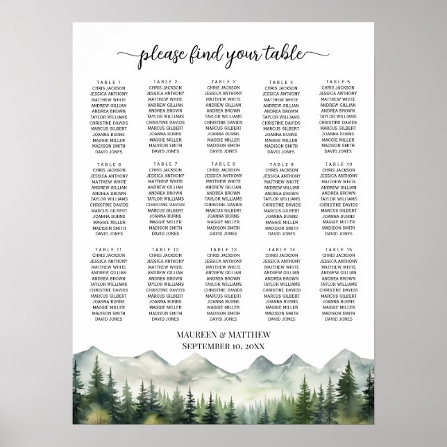 Mountains and Pines 15 Tables Wedding Seating Poster (Front)