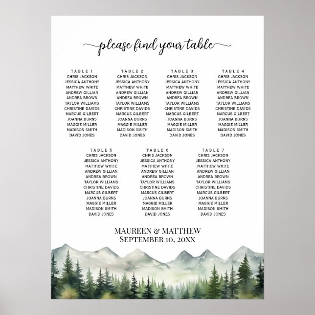 Mountains and Pines 7 Tables Wedding Seating Poster (Front)