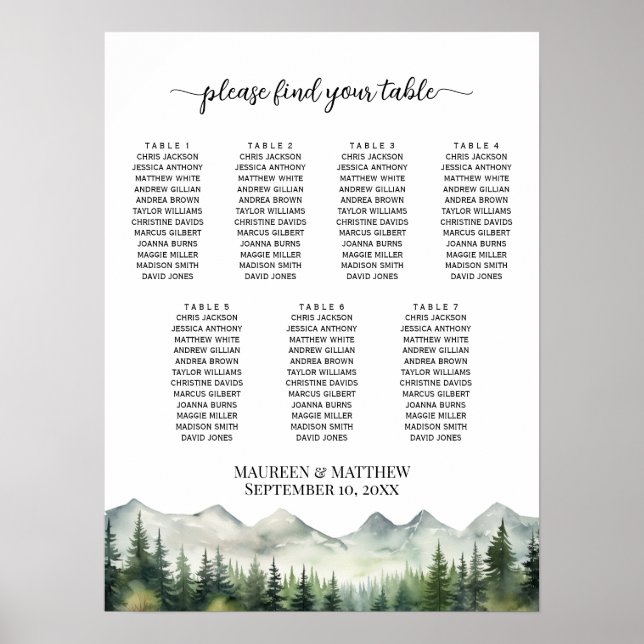 Mountains and Pines 7 Tables Wedding Seating Poster (Front)