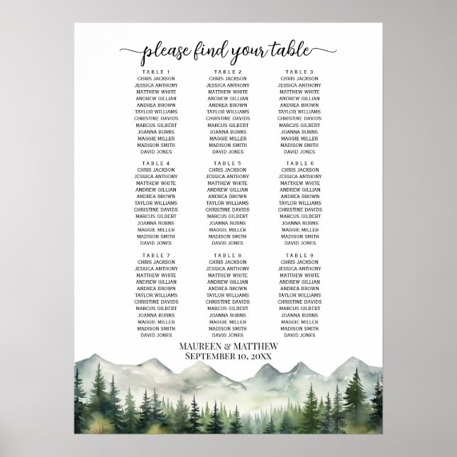 Mountains and Pines 9 Tables Wedding Seating Poster (Front)