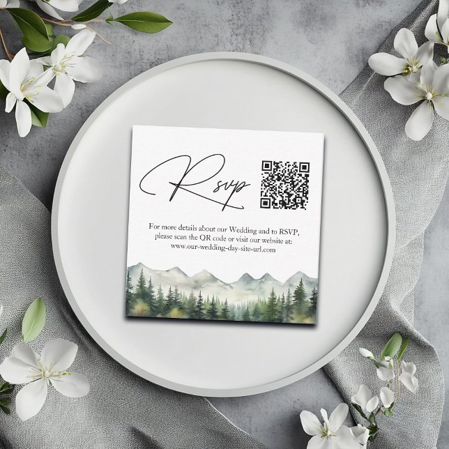 Mountains and Pines QR Code Wedding RSVP Card (Creator Uploaded)