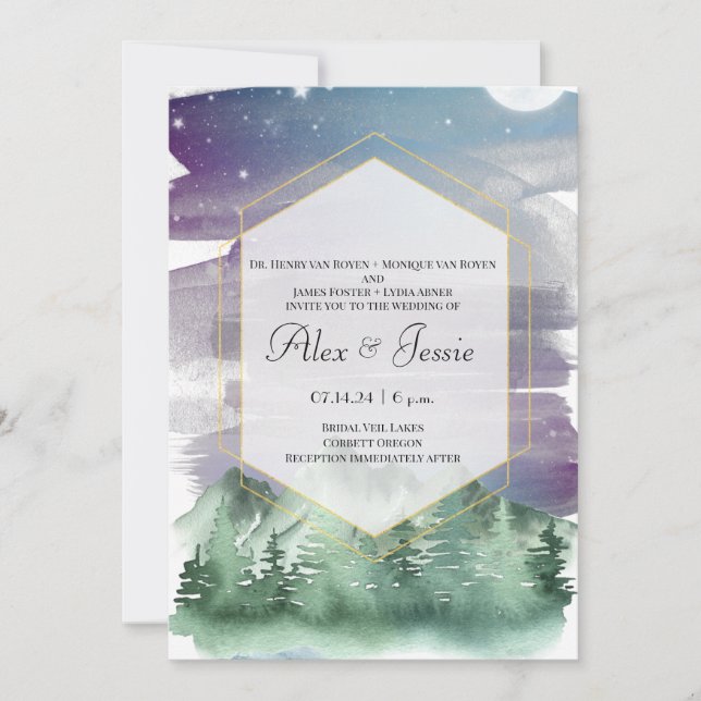 Mountains and starry night sky wedding invitation (Front)