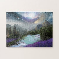 Mountains and Stream with Purple Flowers Photo