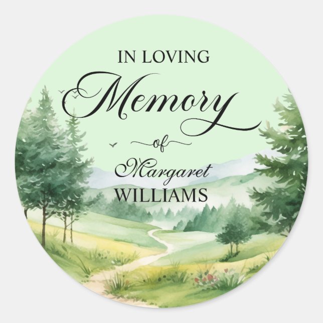 Mountains and Trees Celebration Of Life Funeral Classic Round Sticker (Front)