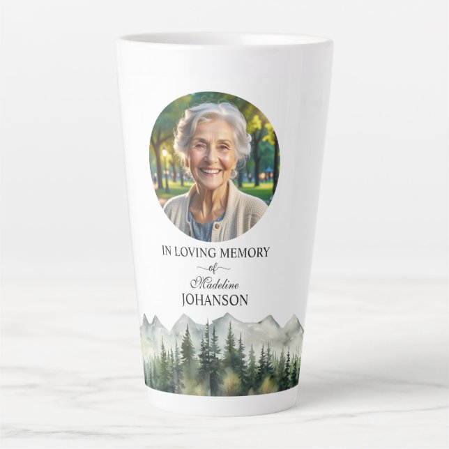 Mountains and Trees Celebration Of Life Keepsake Latte Mug (Front)
