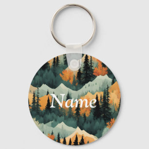 Mountains And Trees Green And Orange  Key Ring