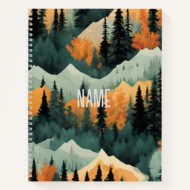  Mountains And Trees Green And Orange Name Notebook (Front)