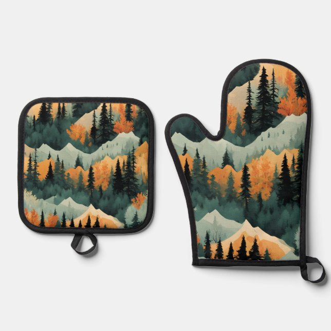 Mountains And Trees Green And Orange Oven Mitt & Pot Holder Set (Front)