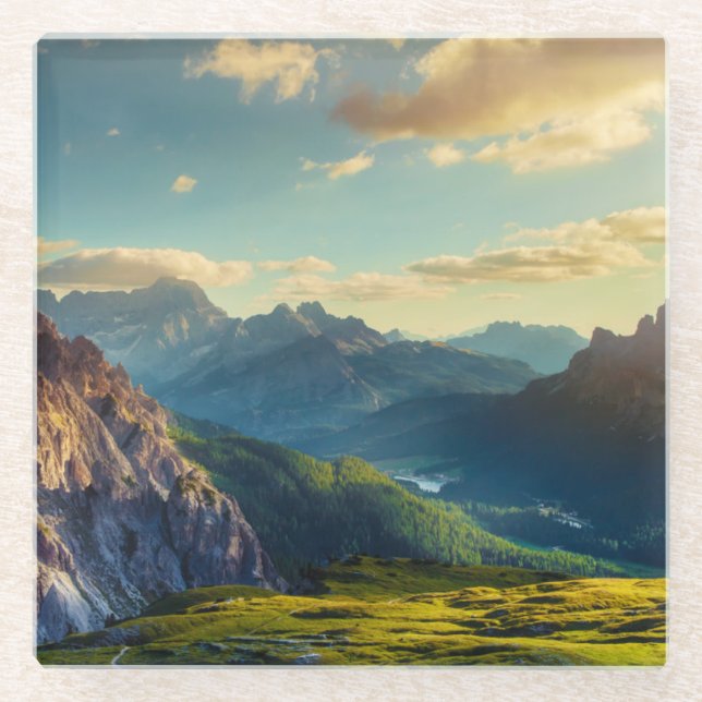 Mountains and Valley at Sunset Glass Coaster (Front)