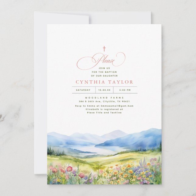Mountains and Wildflowers Elegant Baptism Invitation (Front)