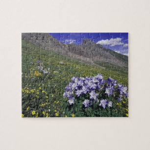 Mountains and wildflowers in alpine meadow, Blue Jigsaw Puzzle