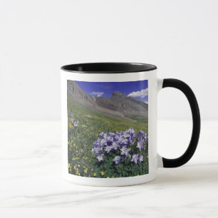 Mountains and wildflowers in alpine meadow, Blue Mug