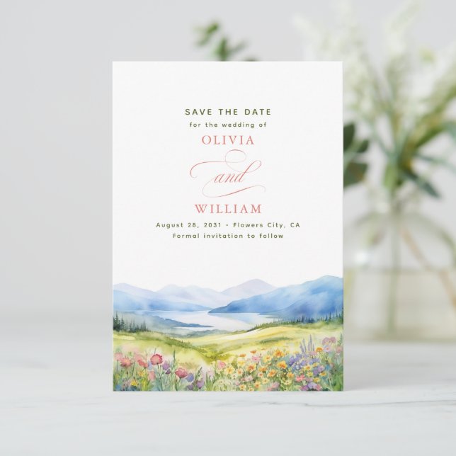 Mountains and Wildflowers Small Wedding Save The Date (Standing Front)