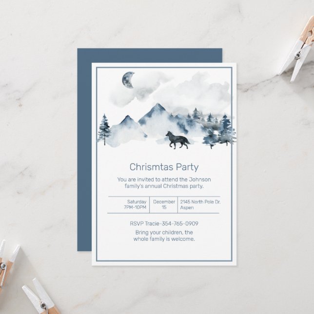 Mountains and Wolf Christmas Party Invitation (Front/Back In Situ)