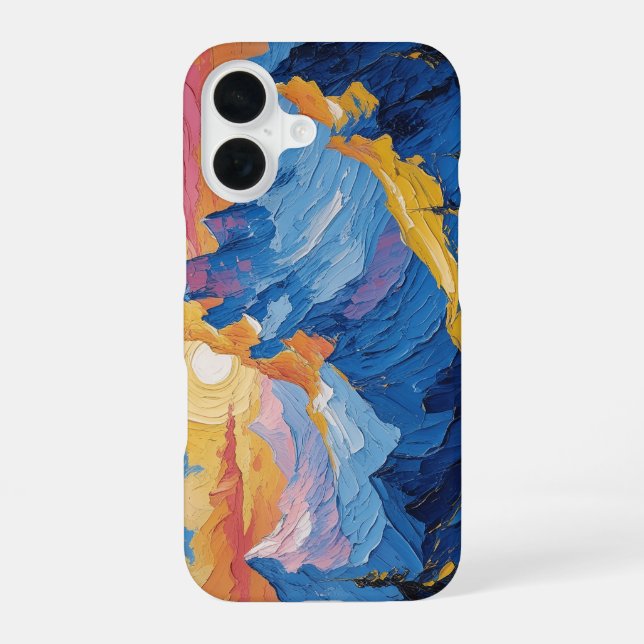 Mountains at dawn with glow iPhone 16 case (Back)