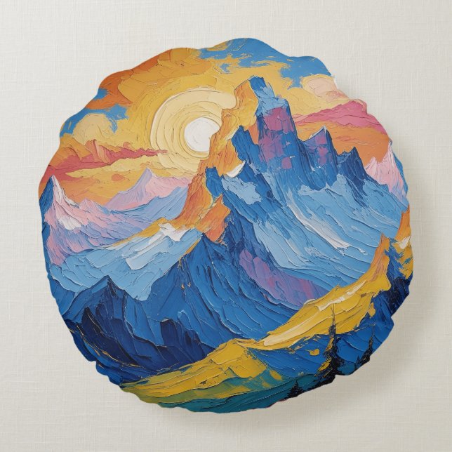 Mountains at dawn with glow round cushion (Back)